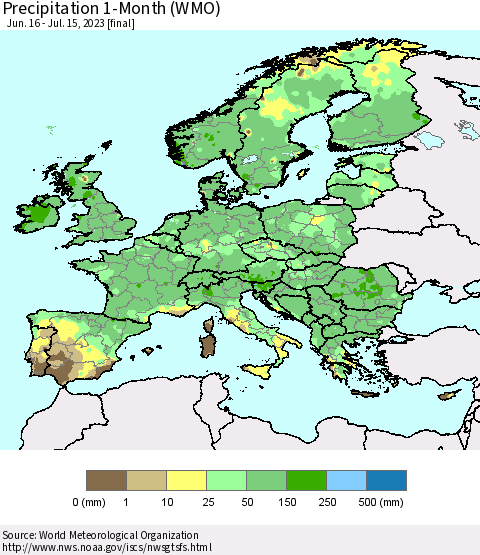 Europe Precipitation 1-Month (WMO) Thematic Map For 6/16/2023 - 7/15/2023