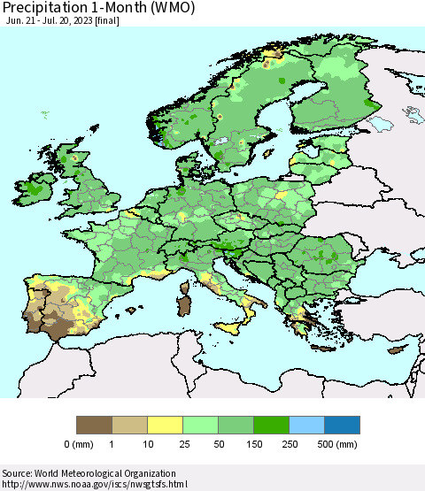 Europe Precipitation 1-Month (WMO) Thematic Map For 6/21/2023 - 7/20/2023
