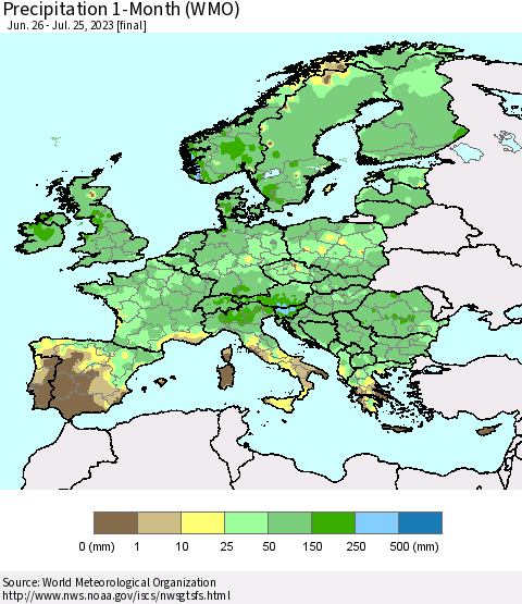 Europe Precipitation 1-Month (WMO) Thematic Map For 6/26/2023 - 7/25/2023