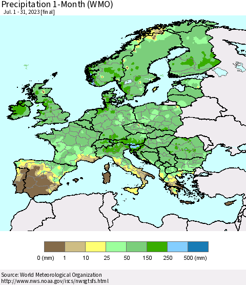 Europe Precipitation 1-Month (WMO) Thematic Map For 7/1/2023 - 7/31/2023