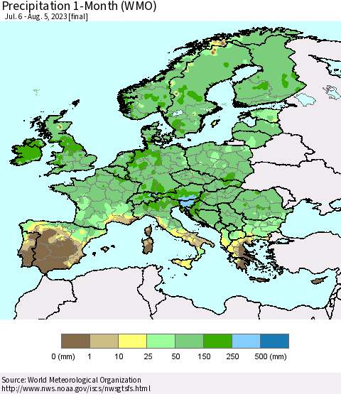 Europe Precipitation 1-Month (WMO) Thematic Map For 7/6/2023 - 8/5/2023