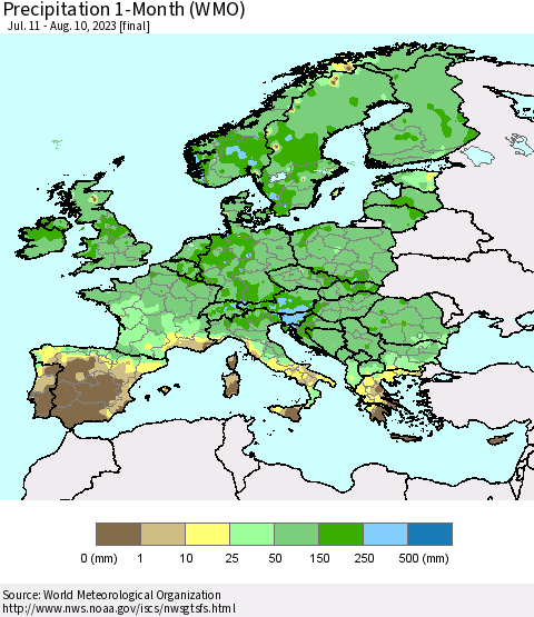 Europe Precipitation 1-Month (WMO) Thematic Map For 7/11/2023 - 8/10/2023