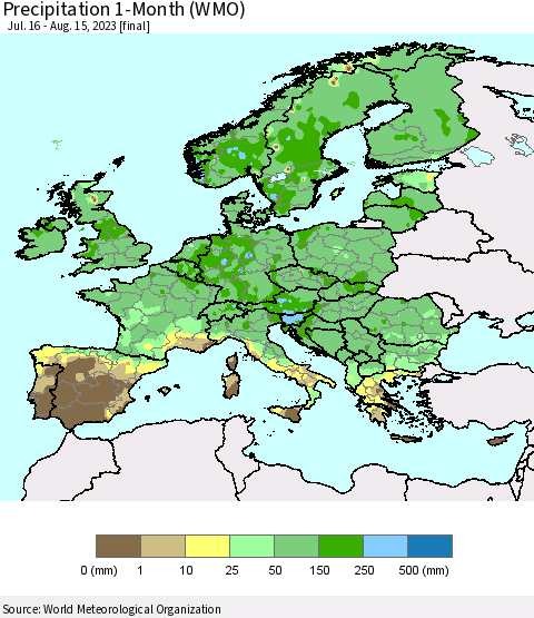 Europe Precipitation 1-Month (WMO) Thematic Map For 7/16/2023 - 8/15/2023