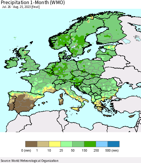 Europe Precipitation 1-Month (WMO) Thematic Map For 7/26/2023 - 8/25/2023