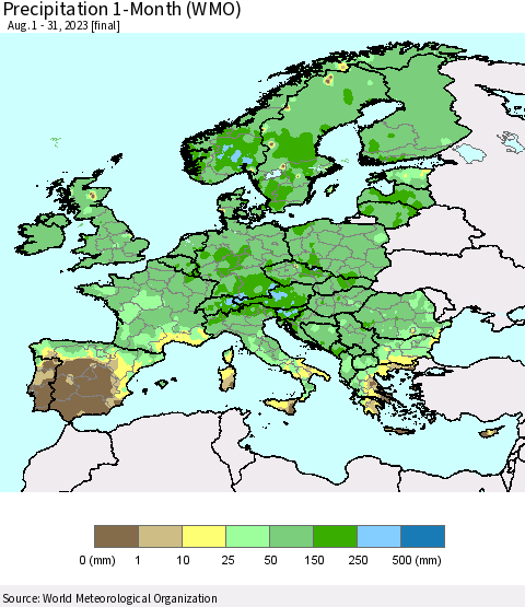 Europe Precipitation 1-Month (WMO) Thematic Map For 8/1/2023 - 8/31/2023