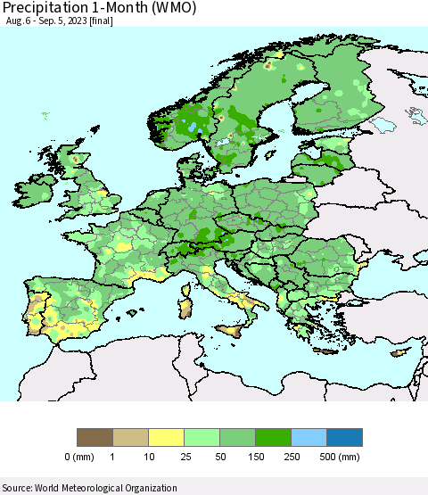 Europe Precipitation 1-Month (WMO) Thematic Map For 8/6/2023 - 9/5/2023