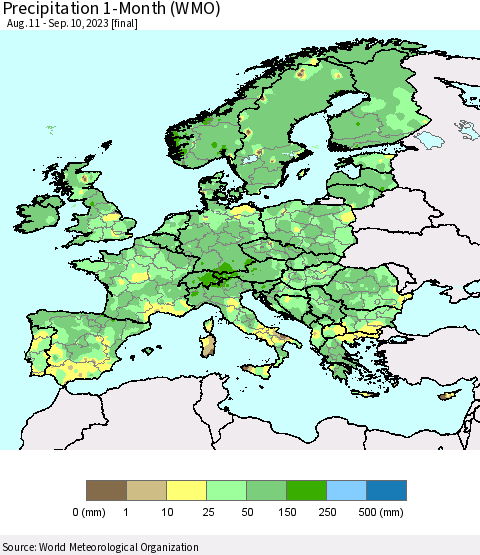 Europe Precipitation 1-Month (WMO) Thematic Map For 8/11/2023 - 9/10/2023