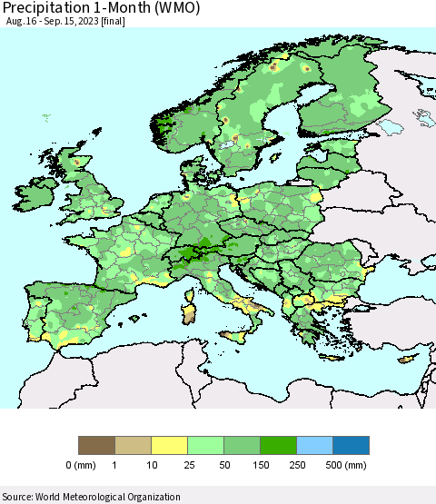 Europe Precipitation 1-Month (WMO) Thematic Map For 8/16/2023 - 9/15/2023