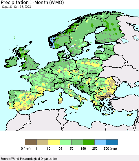 Europe Precipitation 1-Month (WMO) Thematic Map For 9/16/2023 - 10/15/2023