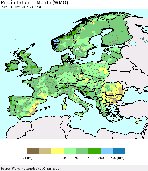 Europe Precipitation 1-Month (WMO) Thematic Map For 9/21/2023 - 10/20/2023