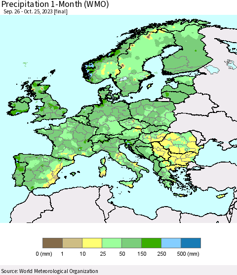 Europe Precipitation 1-Month (WMO) Thematic Map For 9/26/2023 - 10/25/2023
