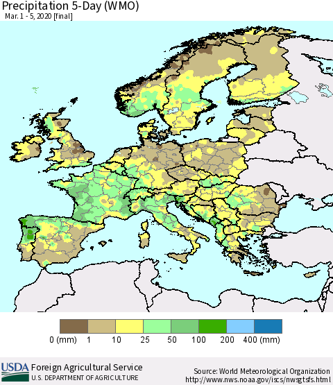 Europe Precipitation 5-Day (WMO) Thematic Map For 3/1/2020 - 3/5/2020