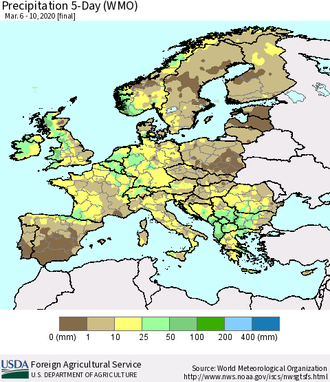 Europe Precipitation 5-Day (WMO) Thematic Map For 3/6/2020 - 3/10/2020