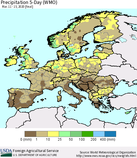 Europe Precipitation 5-Day (WMO) Thematic Map For 3/11/2020 - 3/15/2020