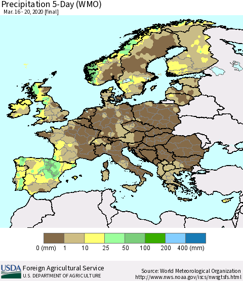 Europe Precipitation 5-Day (WMO) Thematic Map For 3/16/2020 - 3/20/2020