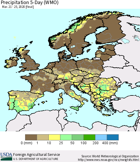 Europe Precipitation 5-Day (WMO) Thematic Map For 3/21/2020 - 3/25/2020