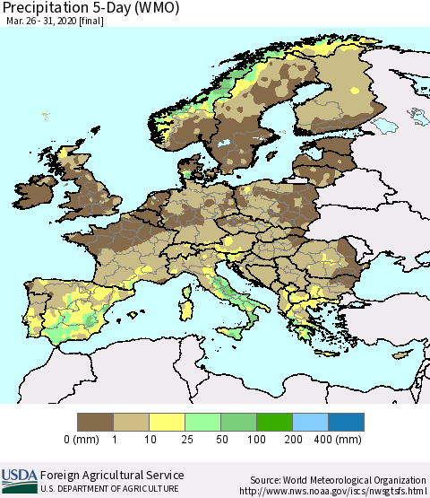 Europe Precipitation 5-Day (WMO) Thematic Map For 3/26/2020 - 3/31/2020