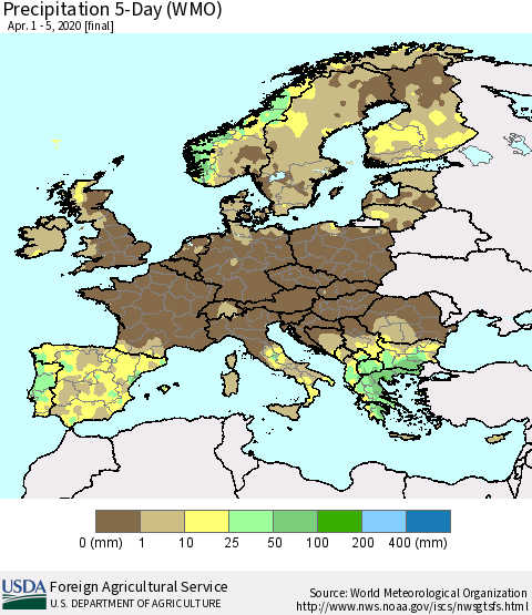 Europe Precipitation 5-Day (WMO) Thematic Map For 4/1/2020 - 4/5/2020