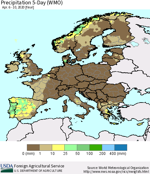 Europe Precipitation 5-Day (WMO) Thematic Map For 4/6/2020 - 4/10/2020