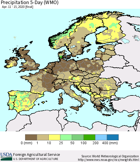 Europe Precipitation 5-Day (WMO) Thematic Map For 4/11/2020 - 4/15/2020