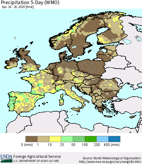 Europe Precipitation 5-Day (WMO) Thematic Map For 4/16/2020 - 4/20/2020