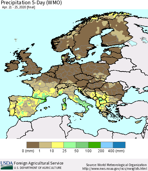 Europe Precipitation 5-Day (WMO) Thematic Map For 4/21/2020 - 4/25/2020