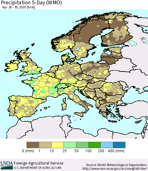 Europe Precipitation 5-Day (WMO) Thematic Map For 4/26/2020 - 4/30/2020