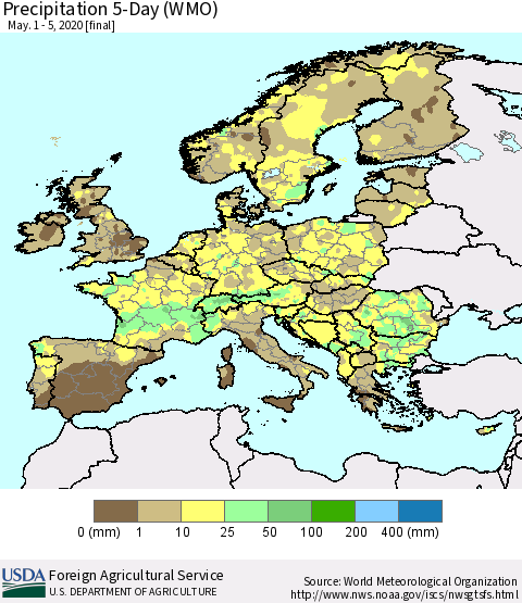Europe Precipitation 5-Day (WMO) Thematic Map For 5/1/2020 - 5/5/2020