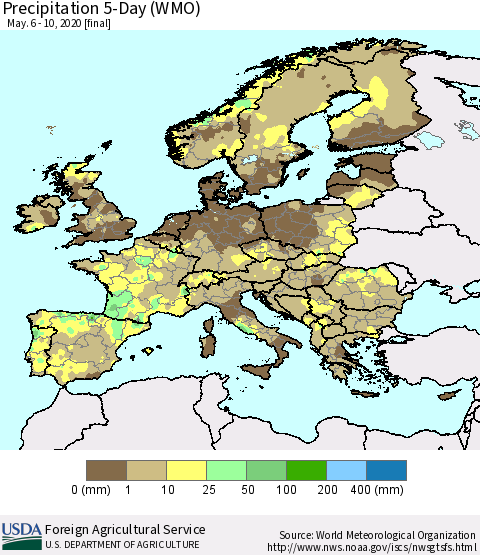 Europe Precipitation 5-Day (WMO) Thematic Map For 5/6/2020 - 5/10/2020