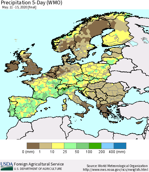 Europe Precipitation 5-Day (WMO) Thematic Map For 5/11/2020 - 5/15/2020