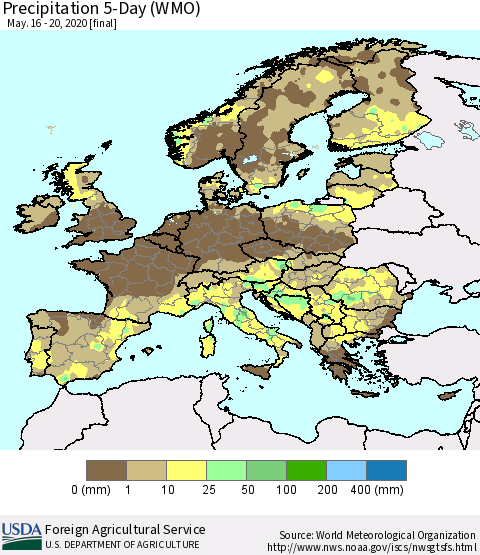 Europe Precipitation 5-Day (WMO) Thematic Map For 5/16/2020 - 5/20/2020