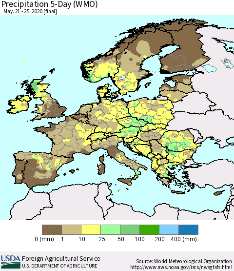 Europe Precipitation 5-Day (WMO) Thematic Map For 5/21/2020 - 5/25/2020