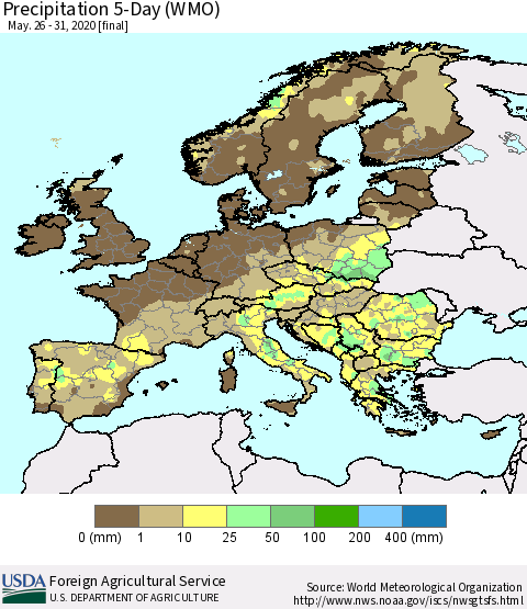 Europe Precipitation 5-Day (WMO) Thematic Map For 5/26/2020 - 5/31/2020