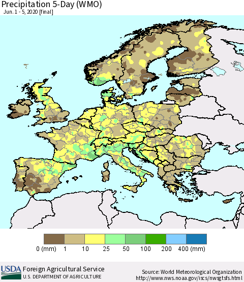Europe Precipitation 5-Day (WMO) Thematic Map For 6/1/2020 - 6/5/2020
