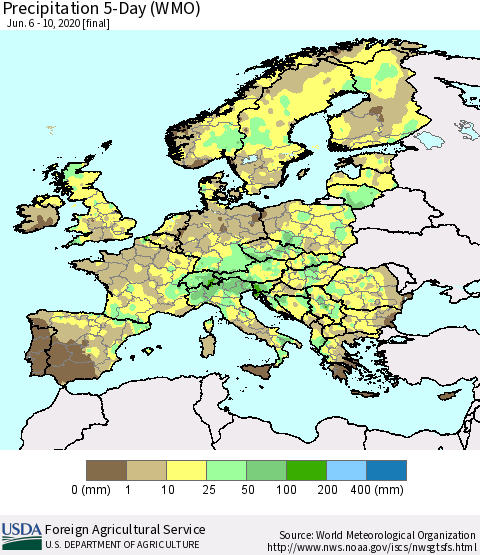 Europe Precipitation 5-Day (WMO) Thematic Map For 6/6/2020 - 6/10/2020