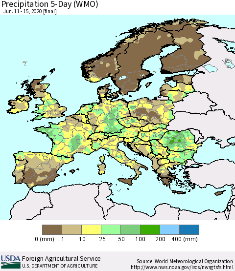 Europe Precipitation 5-Day (WMO) Thematic Map For 6/11/2020 - 6/15/2020