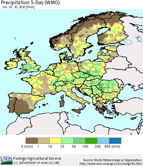 Europe Precipitation 5-Day (WMO) Thematic Map For 6/16/2020 - 6/20/2020