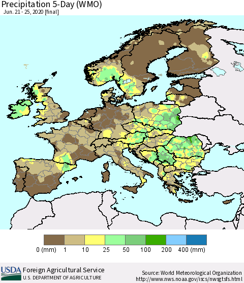 Europe Precipitation 5-Day (WMO) Thematic Map For 6/21/2020 - 6/25/2020
