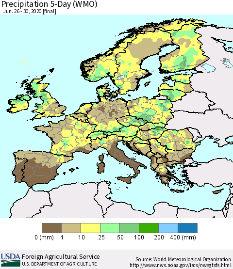 Europe Precipitation 5-Day (WMO) Thematic Map For 6/26/2020 - 6/30/2020