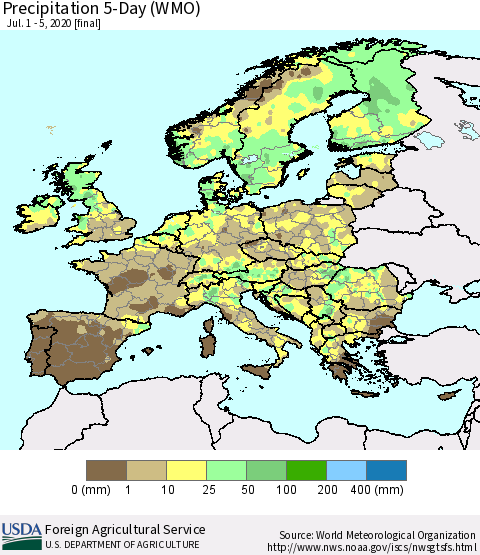 Europe Precipitation 5-Day (WMO) Thematic Map For 7/1/2020 - 7/5/2020