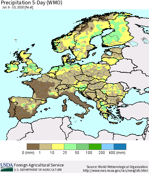 Europe Precipitation 5-Day (WMO) Thematic Map For 7/6/2020 - 7/10/2020