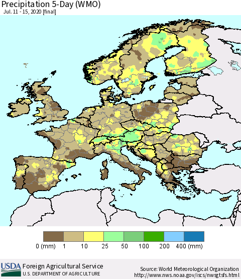 Europe Precipitation 5-Day (WMO) Thematic Map For 7/11/2020 - 7/15/2020