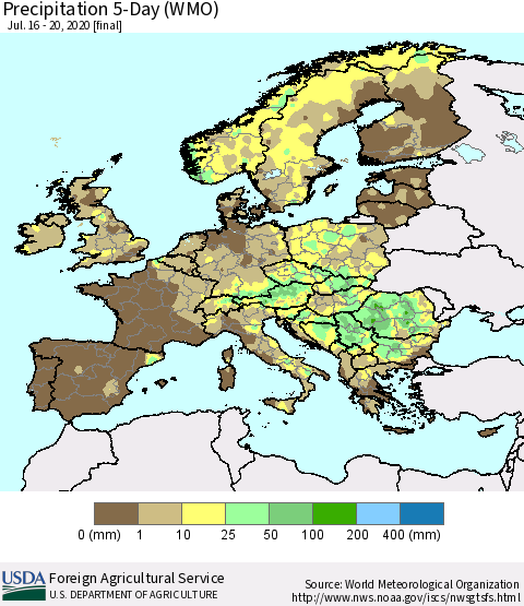 Europe Precipitation 5-Day (WMO) Thematic Map For 7/16/2020 - 7/20/2020