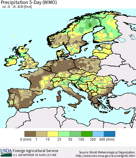 Europe Precipitation 5-Day (WMO) Thematic Map For 7/21/2020 - 7/25/2020