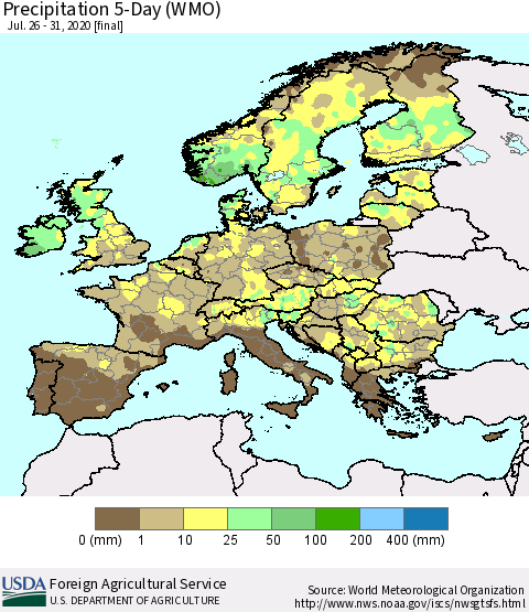 Europe Precipitation 5-Day (WMO) Thematic Map For 7/26/2020 - 7/31/2020