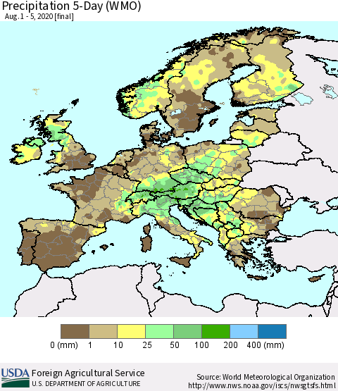 Europe Precipitation 5-Day (WMO) Thematic Map For 8/1/2020 - 8/5/2020