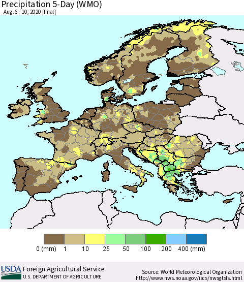 Europe Precipitation 5-Day (WMO) Thematic Map For 8/6/2020 - 8/10/2020