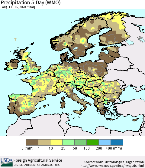 Europe Precipitation 5-Day (WMO) Thematic Map For 8/11/2020 - 8/15/2020