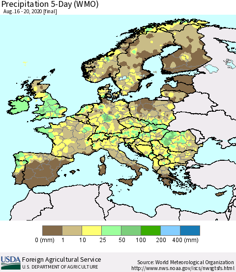 Europe Precipitation 5-Day (WMO) Thematic Map For 8/16/2020 - 8/20/2020