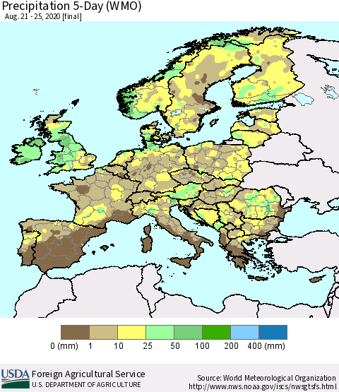 Europe Precipitation 5-Day (WMO) Thematic Map For 8/21/2020 - 8/25/2020
